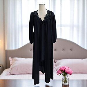 Vintage JC Penney Black Satin Nightgown Robe Set 90s Y2K Lingerie Coquette M